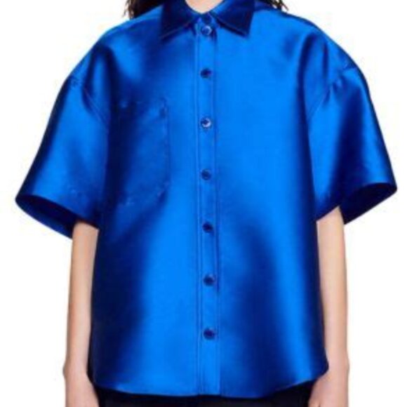 Sandro June Short Sleeve Satin Shirt in Electric Blue Size 2 (US 6) 6275 - Picture 2 of 3
